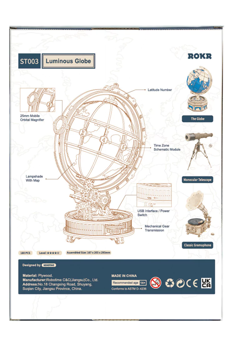 Деревянный конструктор Robotime Светящийся глобус Luminous Globe