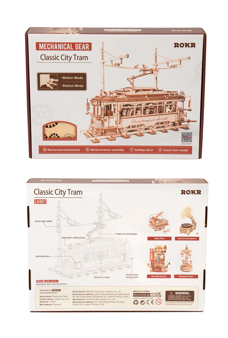 Механический деревянный конструктор Городской трамвай Robotime Classic City Tram