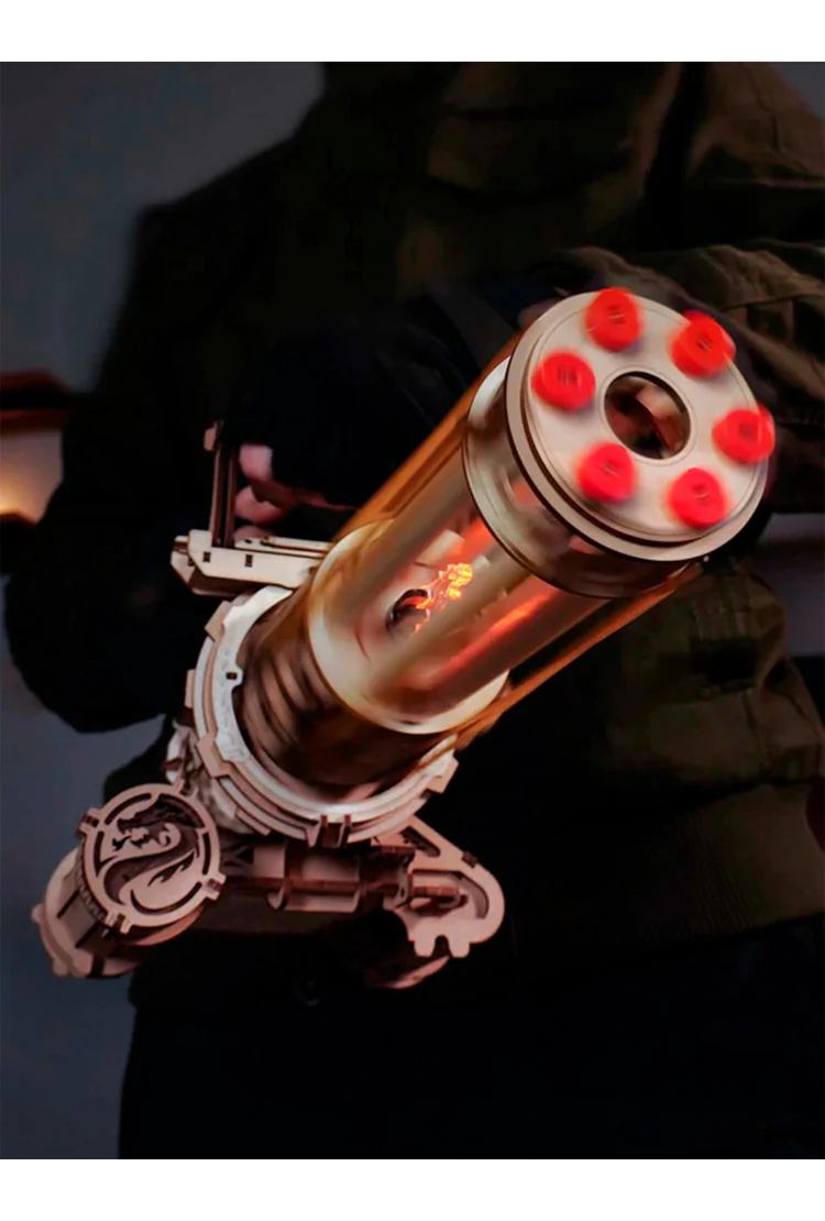 Деревянный механический конструктор Пулемёт с вращающимся стволом Robotime Rotating-Barrel Machine Gun